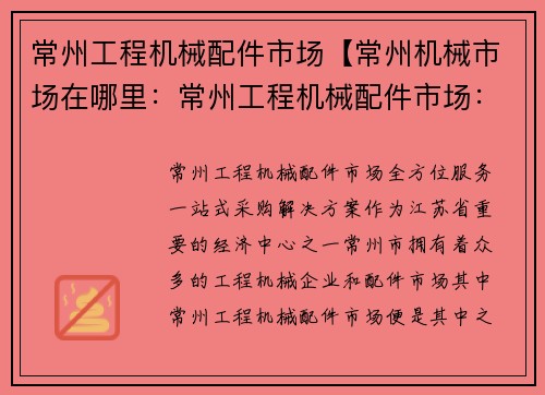 常州工程机械配件市场【常州机械市场在哪里：常州工程机械配件市场：全方位服务，一站式采购解决方案】
